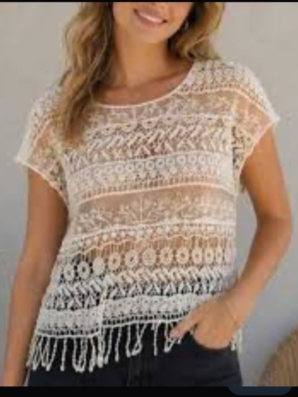Belldini-ivory -crochet, lace blouse , coverup